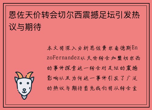 恩佐天价转会切尔西震撼足坛引发热议与期待
